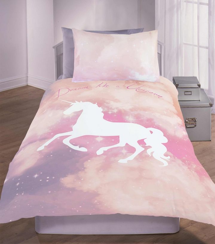 Pink Dream Like A Unicorn Slogan Galaxy Print Single Duvet Set