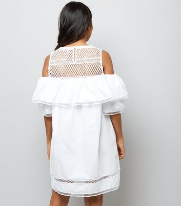 Petite White Mesh Yoke Frill Trim Cold Shoulder Dress New Look