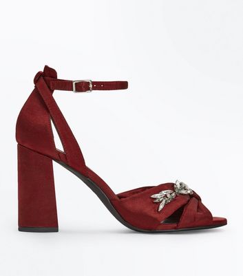 red satin block heels