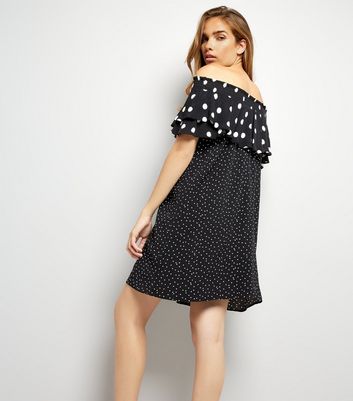 Black Spot Print Frill Trim Bardot Neck Dress New Look