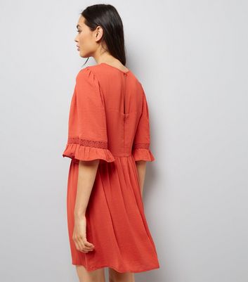 Light Brown Lace Neck Smock Dress New Look
