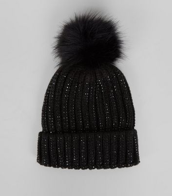 Black diamante bobble hat Clearance