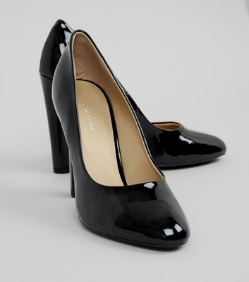 Black Patent Block Heel Court Shoes 