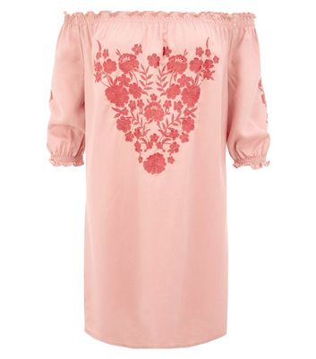 Shell Pink Embroidered Bardot Neck Dress New Look