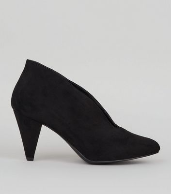 Black Suedette V Front Cone Heel Shoe 