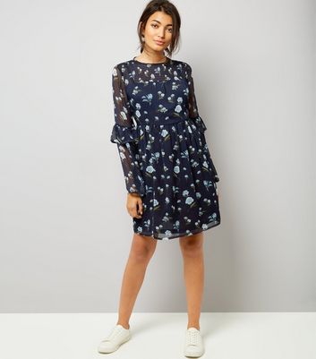 Blue Floral Print Frill Sleeve Smock Dress New Look