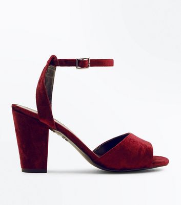 Dark Red Velvet Block Heel Sandals 