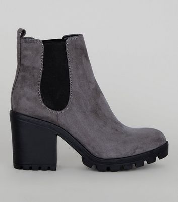 Grey Suedette Chunky Chelsea Boots 