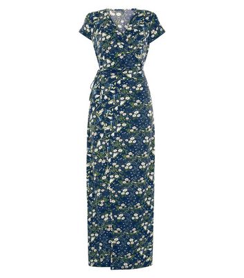 QED Navy Floral Print Wrap Front Maxi Dress New Look