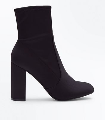 Black Satin Block Heel Sock Boots | New 