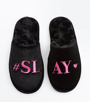 black fluffy mule slippers