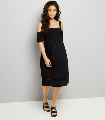 Maternity Black Shirred Cold Shoulder Dress New Look