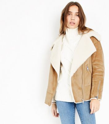 Tan Faux Shearling Aviator Jacket New Look