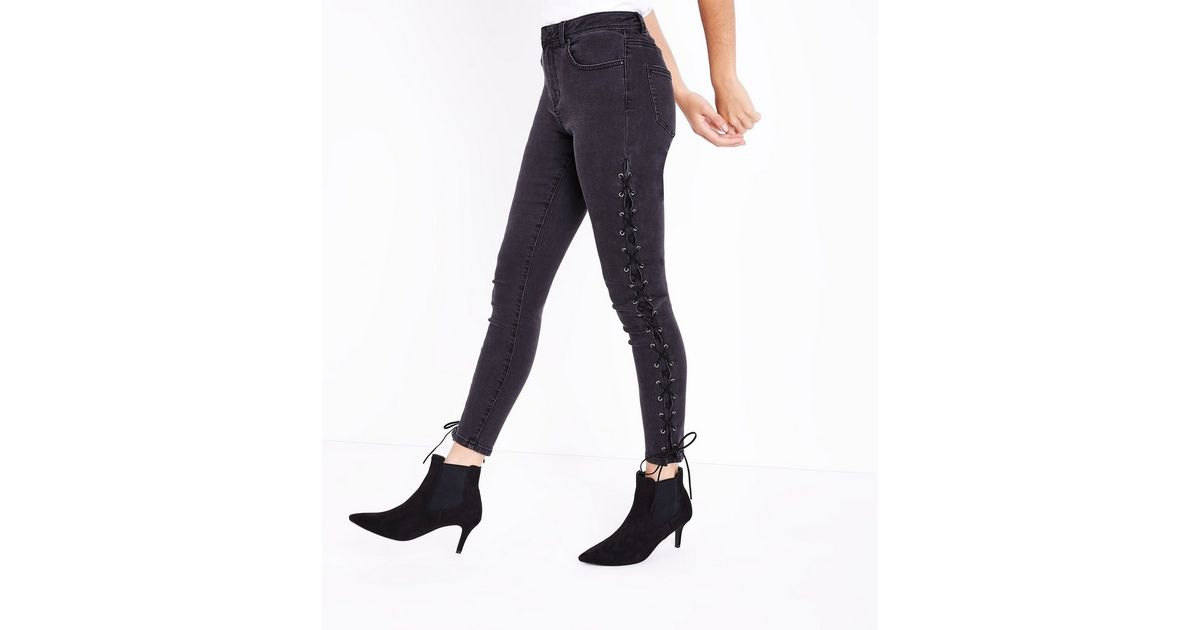 Black Lace Up Side Skinny Jenna Jeans New Look