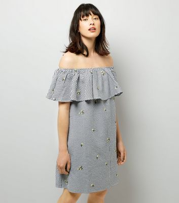Black Floral Embroidered Gingham Bardot Neck Dress New Look
