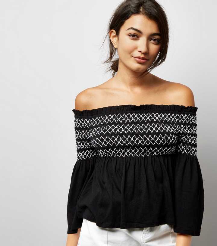 Black Contrast Shirred Panel Bardot Neck Top