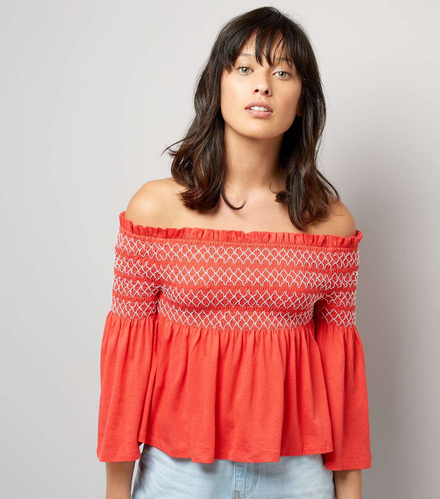 Red Contrast Shirred Panel Bardot Neck Top