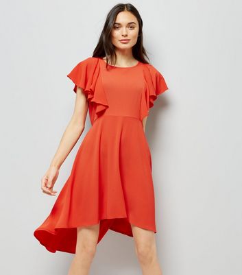Red Dip Hem Frill Trim Dress New Look