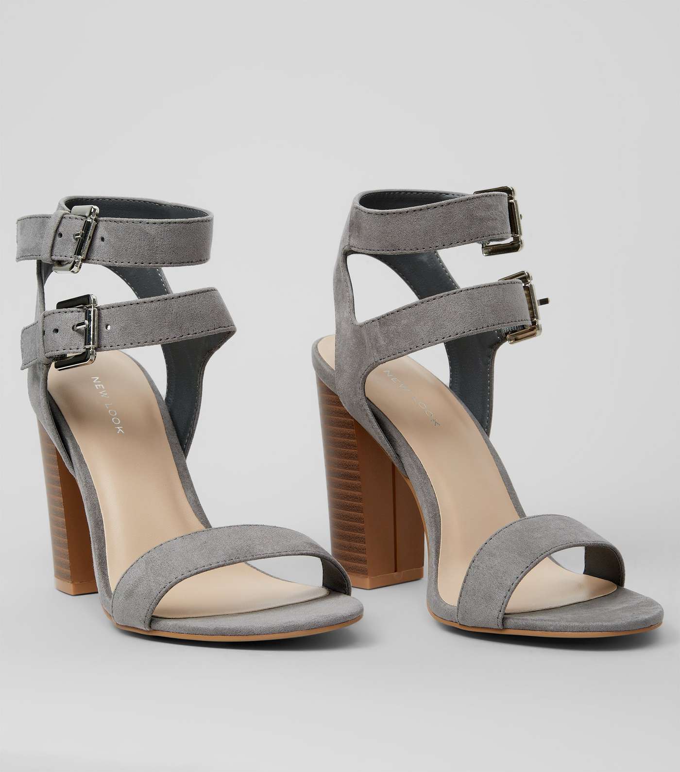 Grey Suedette Double Buckle Heeled Sandals Image 4