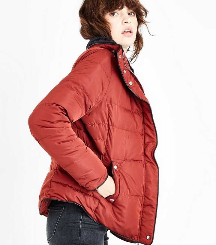 Rust Faux Fur Trim Padded Puffer Jacket