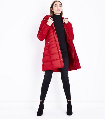 red longline puffer jacket