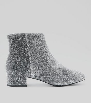 silver booties block heel
