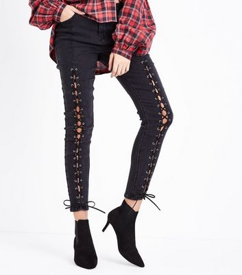 black lace up skinny jeans