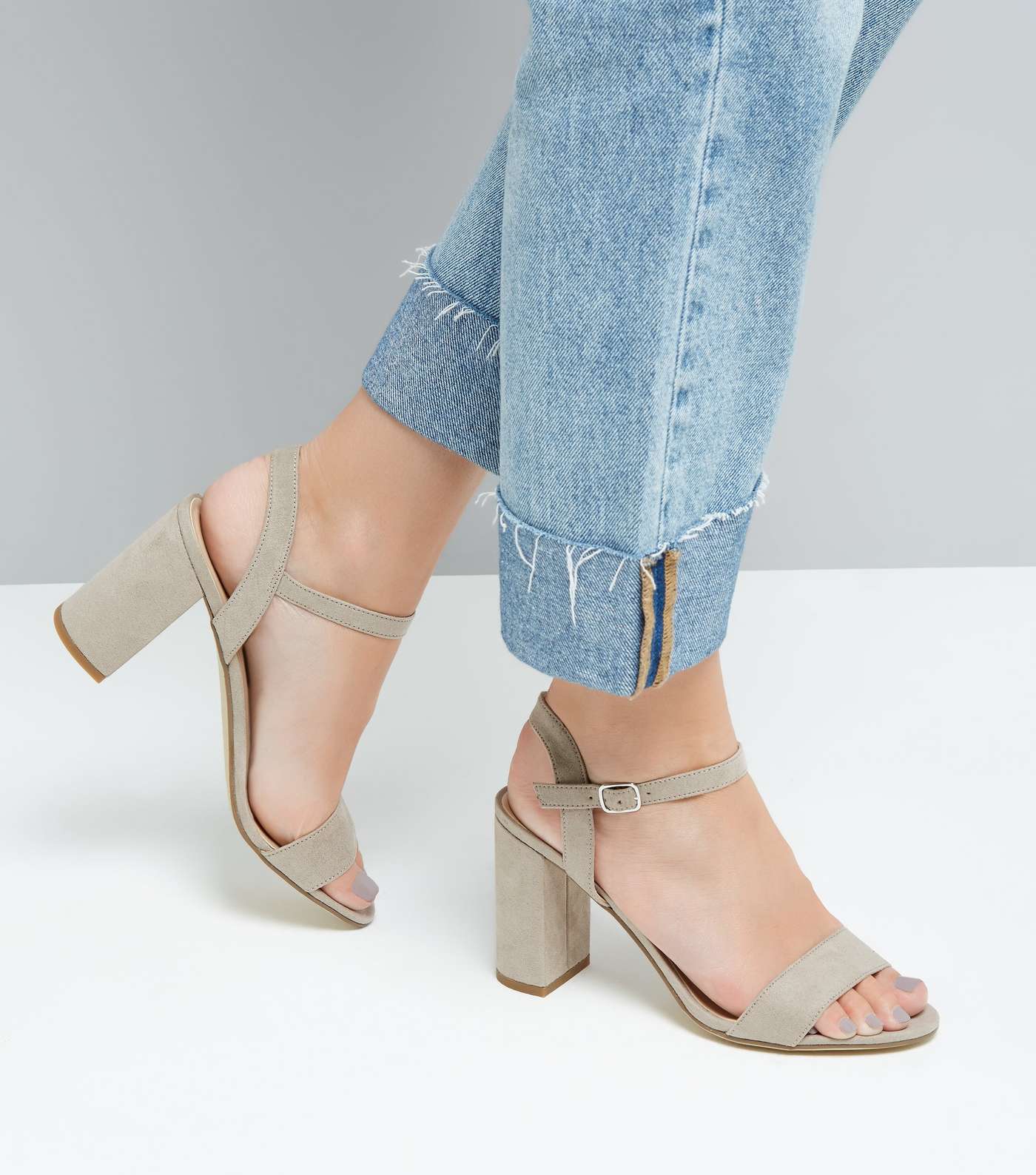 Grey Suedette Block Heel Sandals Image 3
