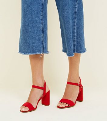 Red Suedette Block Heel Sandals New Look