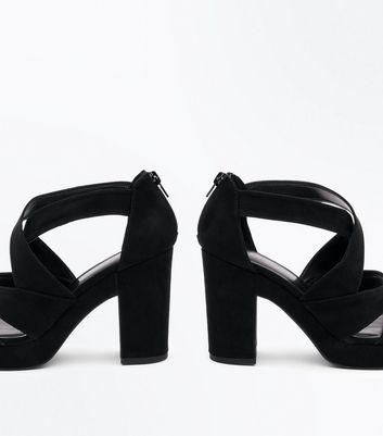 Black suedette strappy shop platform block heels