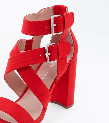 red strappy block heels