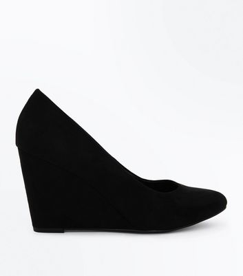 Black Suedette Round Toe Wedges | New Look
