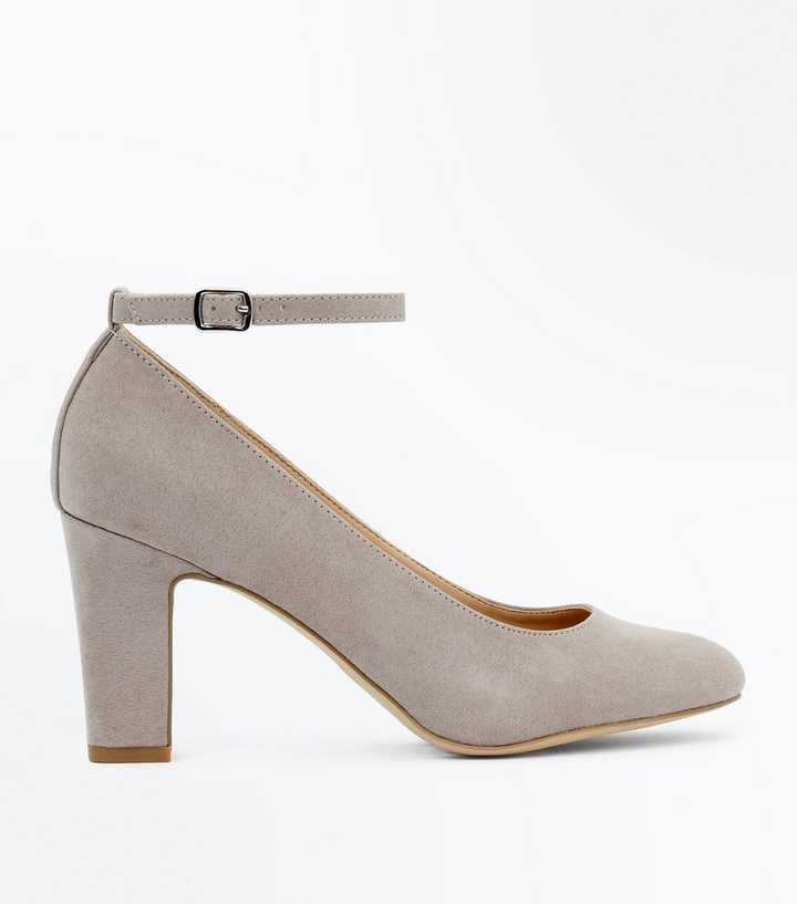 Grey Suedette Ankle Strap Court Shoes