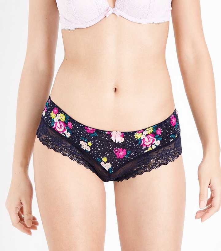 Dark Blue Floral Lace Trim Brazilian Briefs