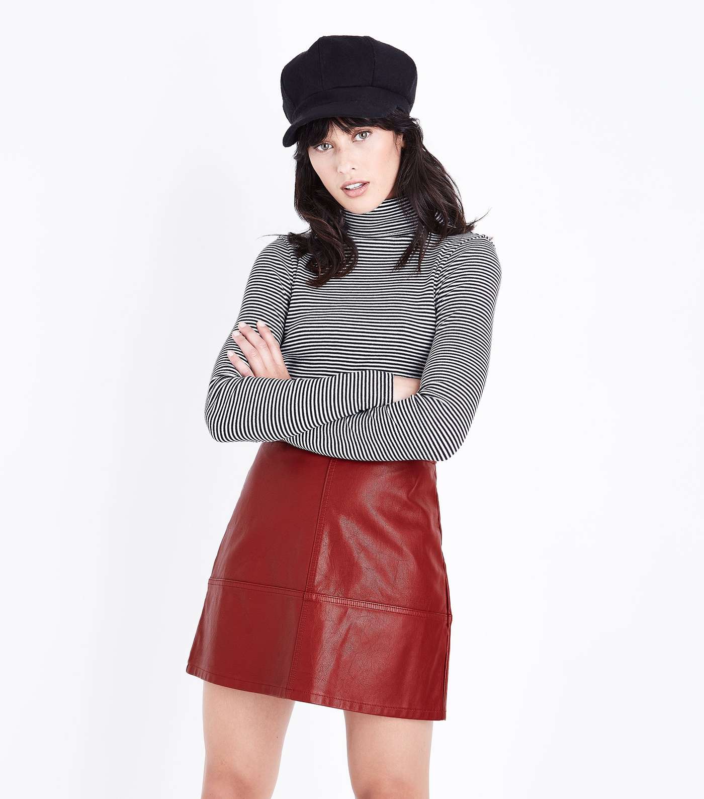 Dark Red Leather-Look Mini Skirt