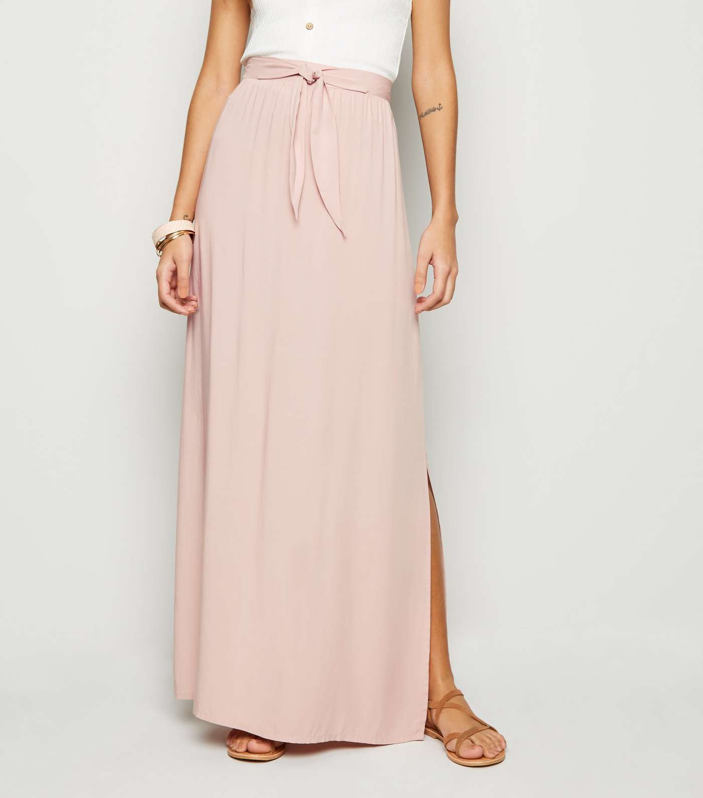 Pale Pink Tie Waist Maxi Skirt Image 2