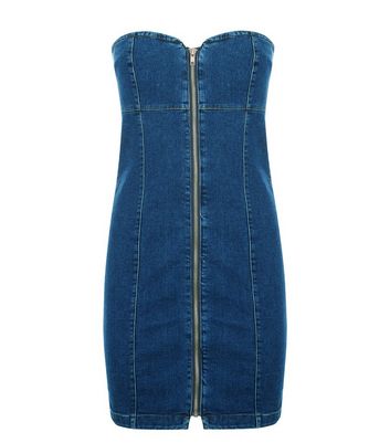 Blue Denim Bodycon Zip Front Dress New Look