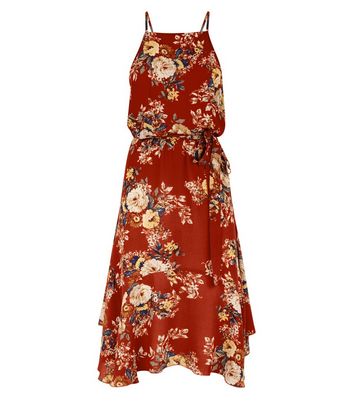 Red Floral Print Hanky Hem Midi Dress New Look