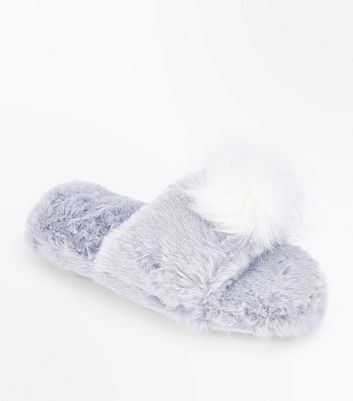 fluffy slider slippers grey