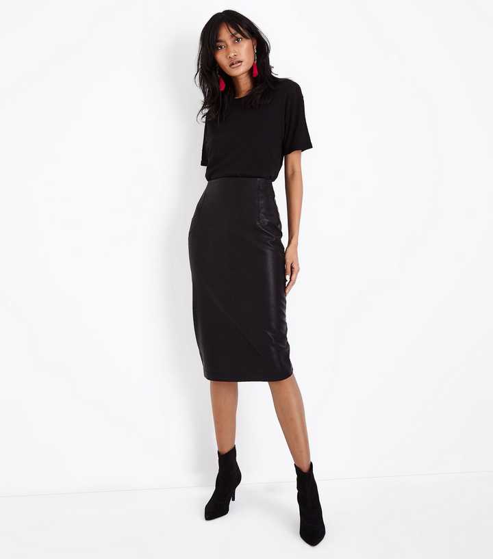 Black Seam Detail Leather-Look Pencil Skirt