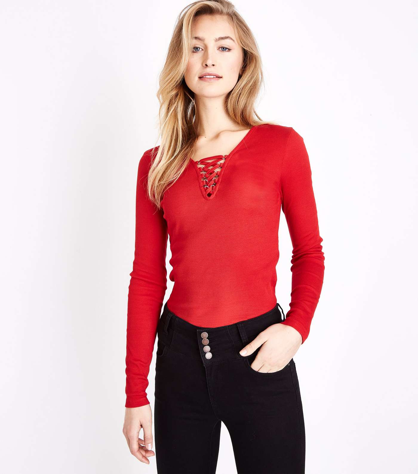 Red Lace-Up Neck Long Sleeve Top