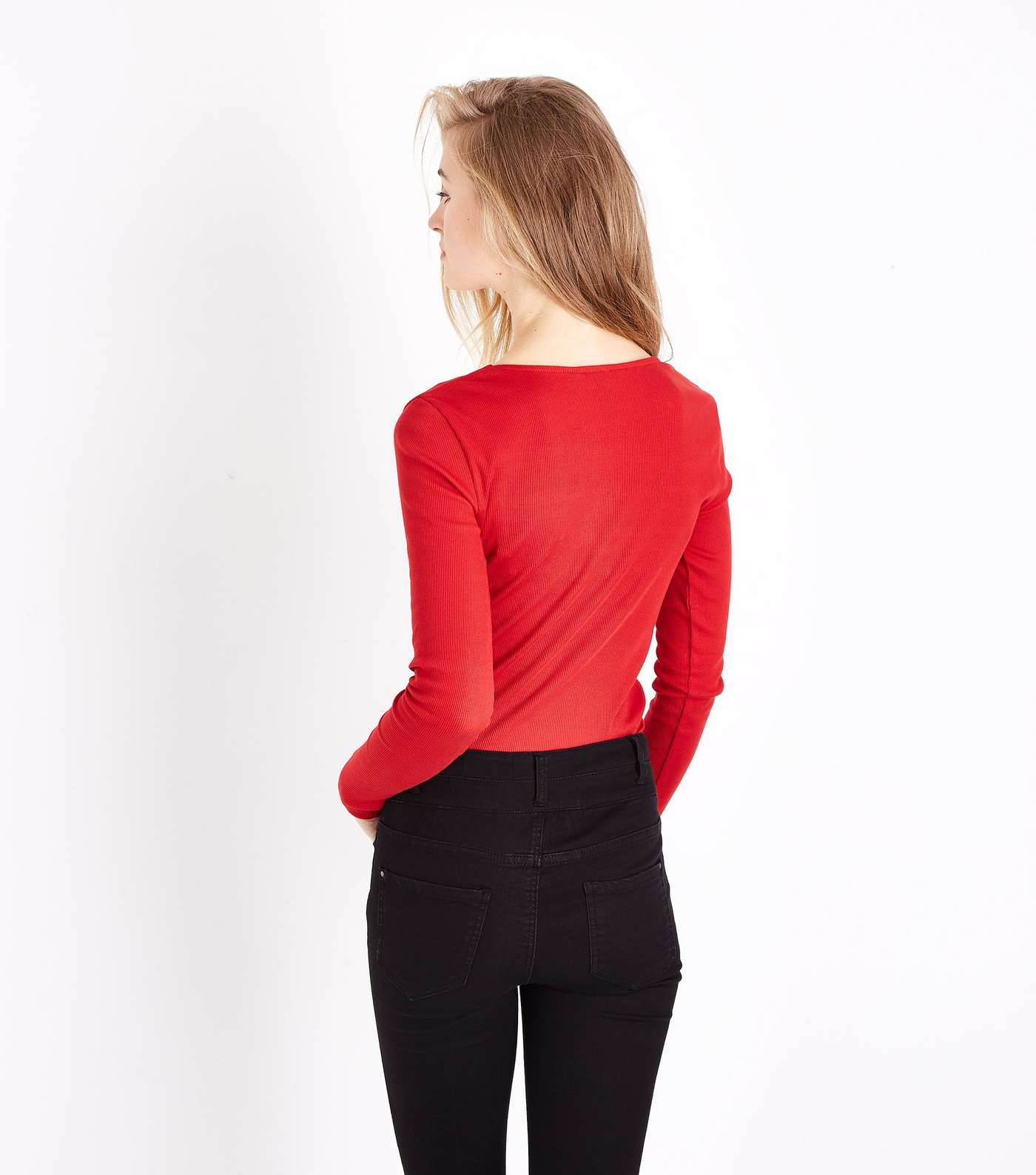 Red Lace-Up Neck Long Sleeve Top Image 3
