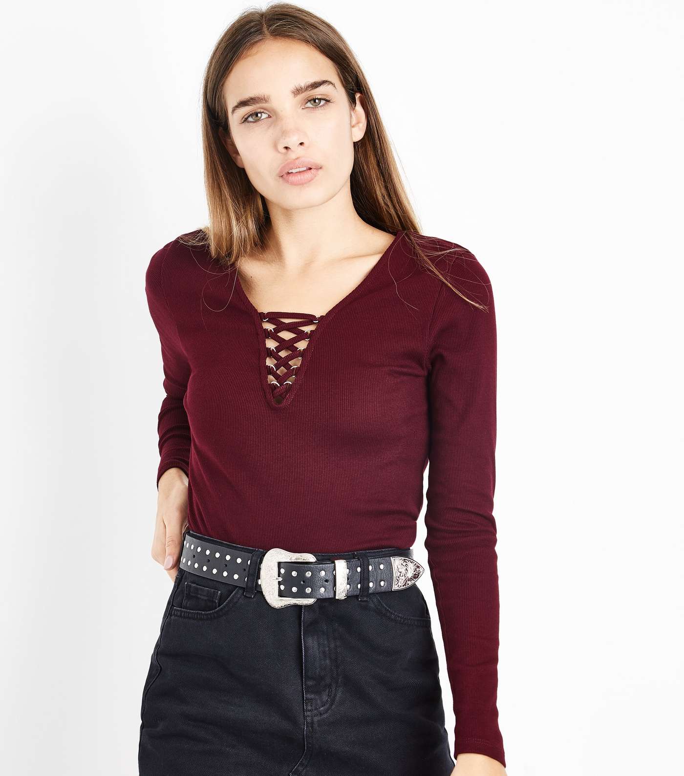 Burgundy Lace-Up Neck Long Sleeve Top