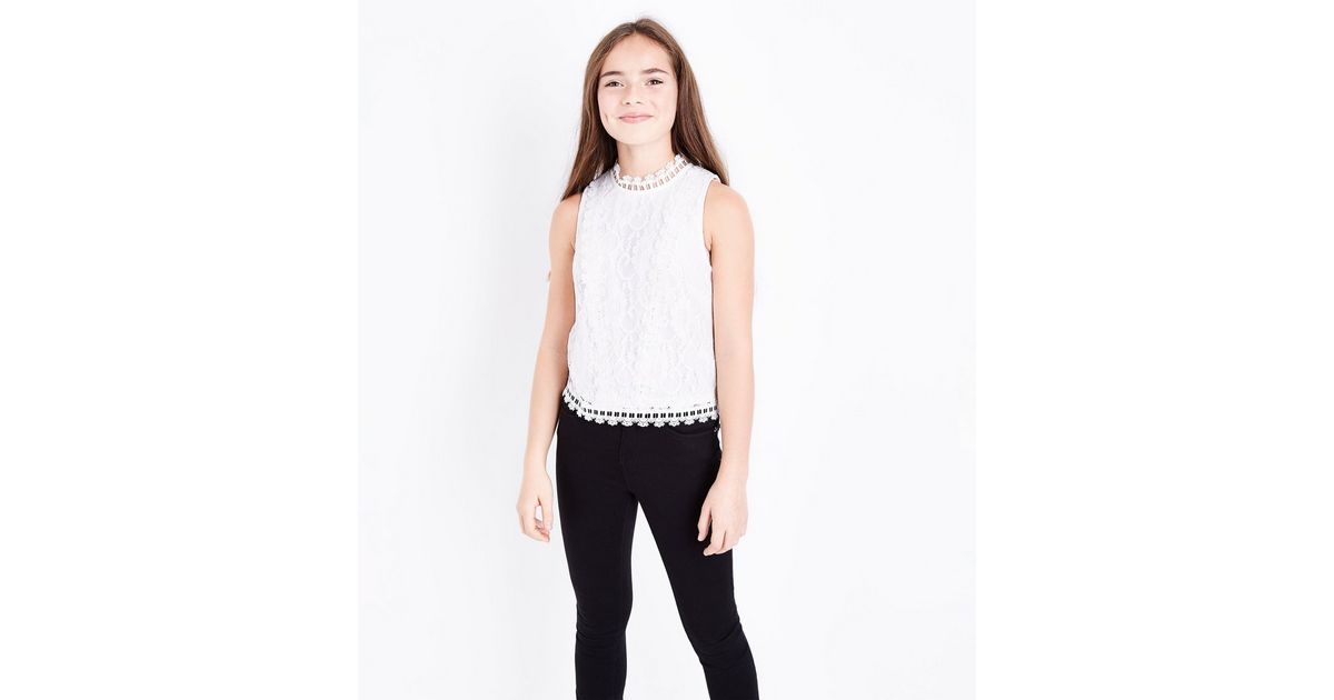 Girls Cream Lace High Neck Sleeveless Top New Look