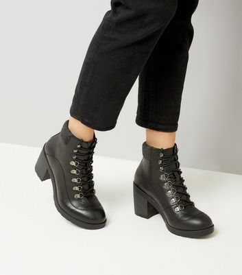 Black Lace Up Heeled Hiker Boots | New Look