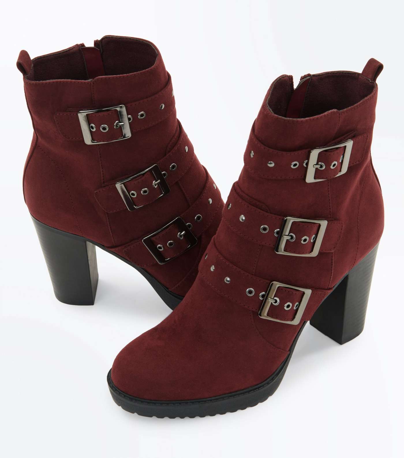 Burgundy Suedette Stud Buckle Heeled Ankle Boots Image 4