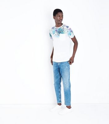 White Faded Leaf Print T-Shirt New Look