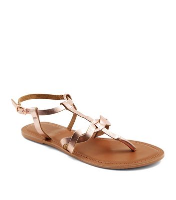 Rose Gold Leather Plait Strap Flat Sandals New Look