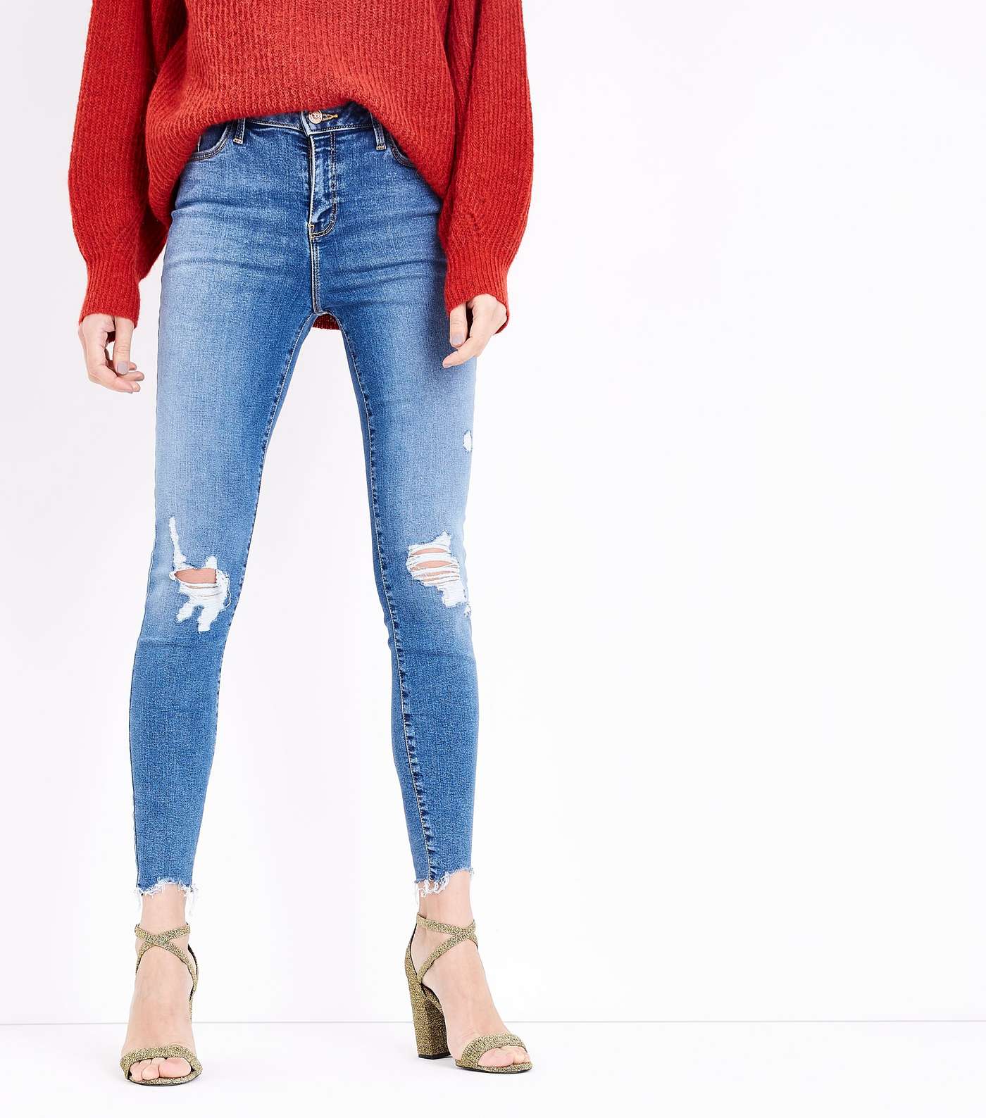 Blue Ripped Knee Raw Hem Skinny 'Lift & Shape' Jeans Image 2