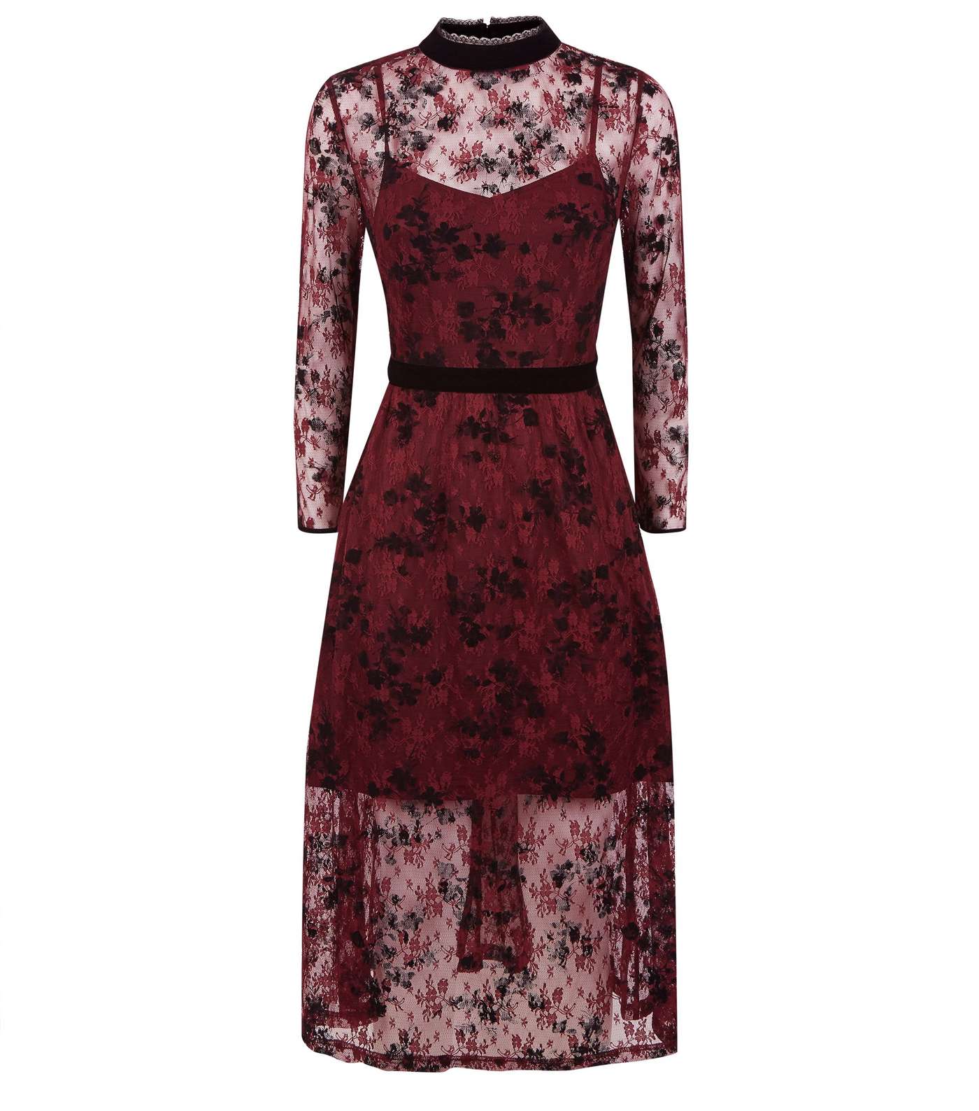 Burgundy Floral Lace Midi Dress Image 3